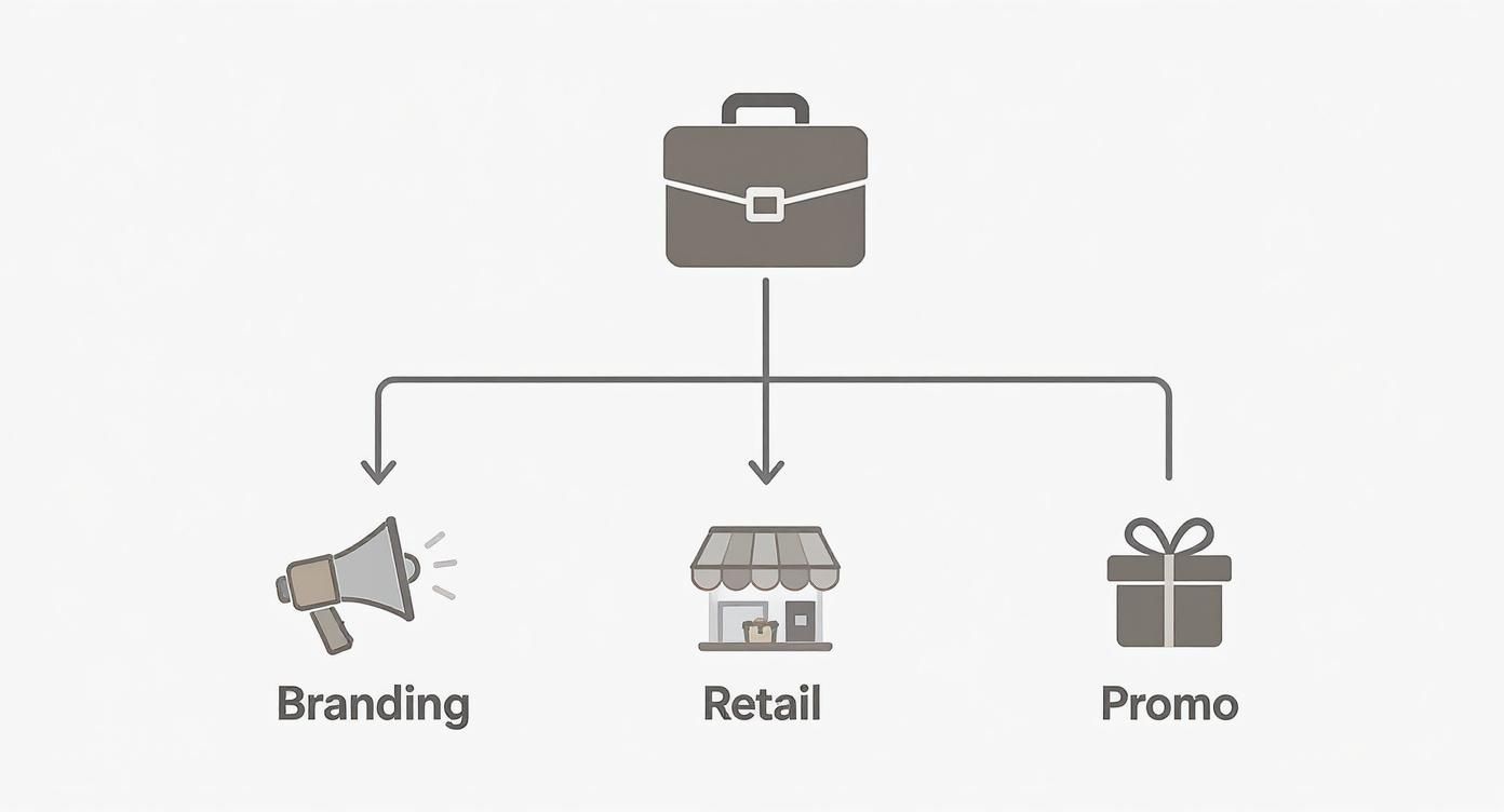 A business briefcase icon connected to branding megaphone, retail store, and promo gift box icons.