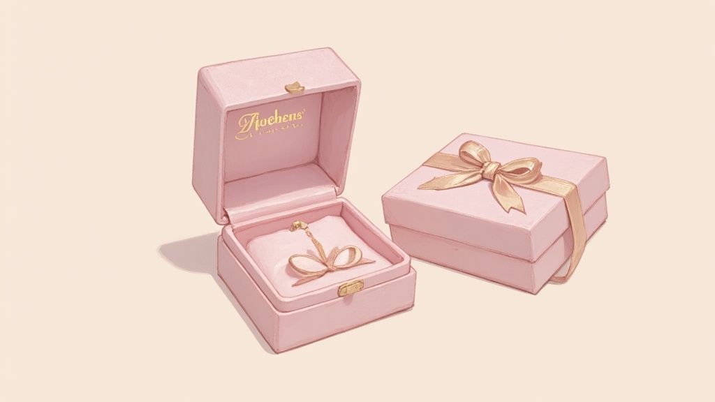 Close-up of a person's hands customizing a jewellery box with a ribbon and a branded tag.