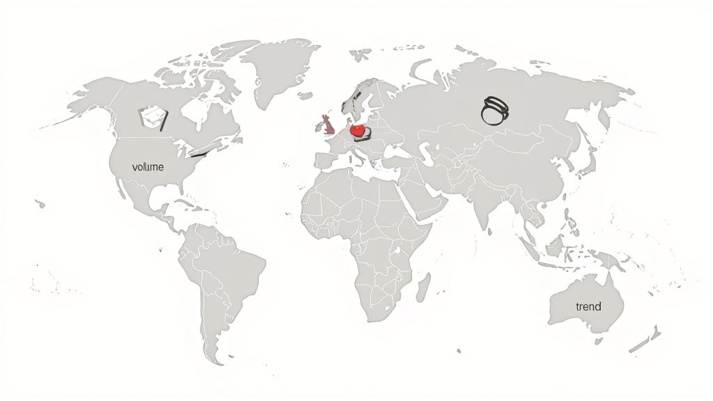World map showing global distribution with highlighted regions indicating volume and trend data points