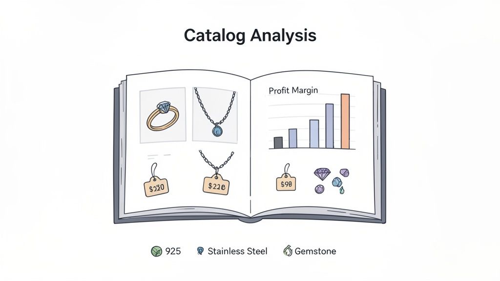 An open catalog with jewelry analysis: ring, necklaces, prices, profit margin chart, and material icons.