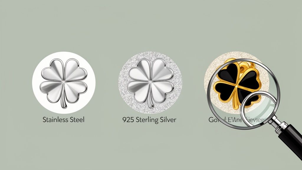 Three clover designs showcasing different materials: stainless steel, sterling silver, and gold enamel.