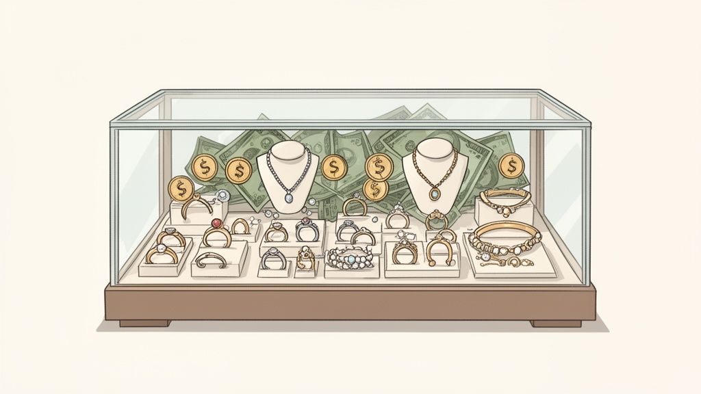 A cartoon illustration of a jewelry store display case brimming with various gold pieces, dollar bills, and coins.
