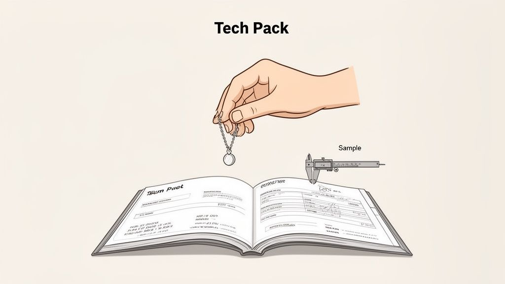 A hand holds a pendant necklace over an open tech pack document and a caliper.