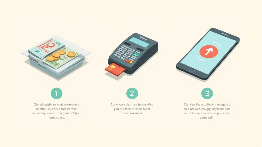 Three payment methods: cash with coins, a credit card terminal, and a smartphone for mobile payments.