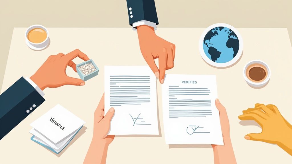 Overhead view of hands exchanging documents and a box of pearls on a table, symbolizing a verified business deal.