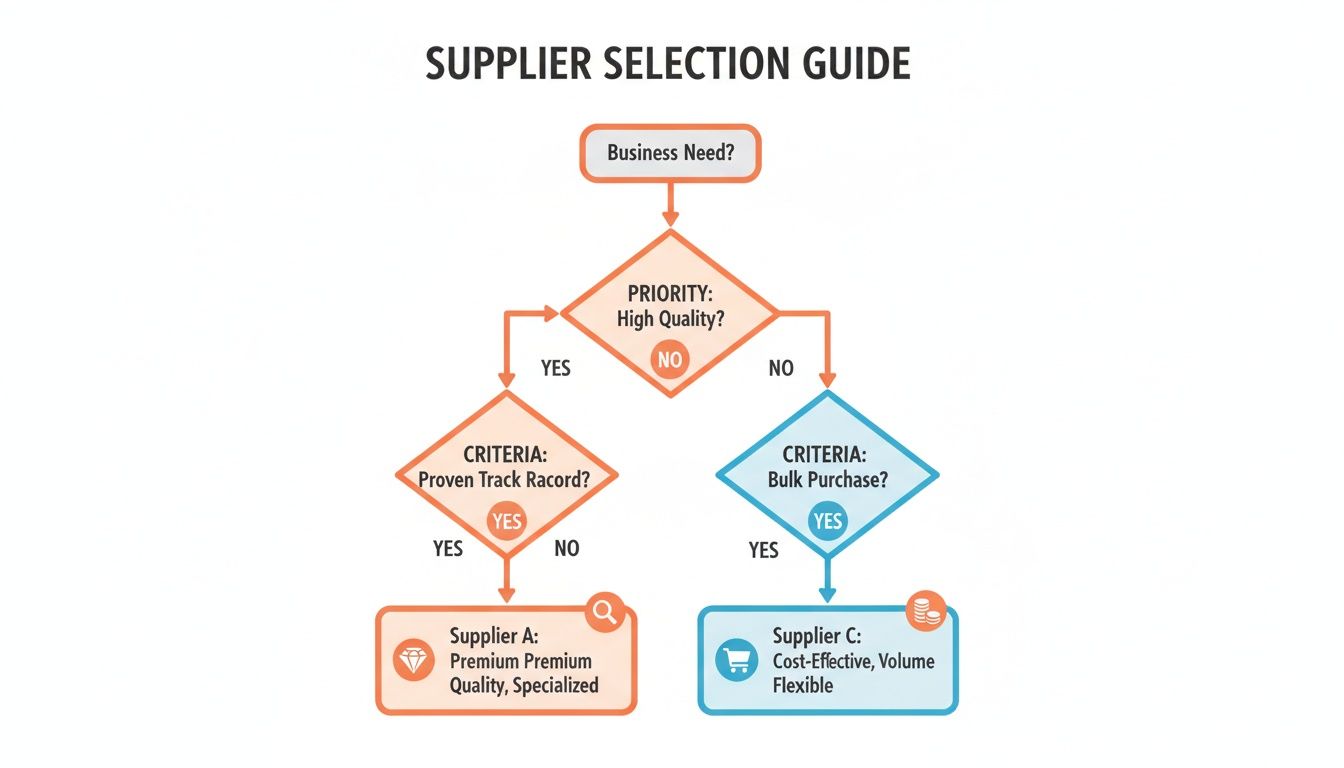 A flowchart outlining a supplier selection guide based on criteria like quality, track record, and bulk purchase.
