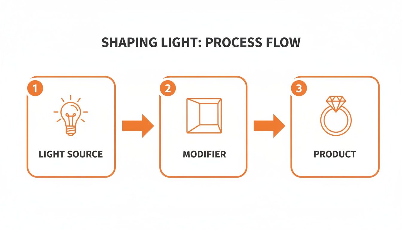 A process flow diagram illustrating how to shape light for product photography: Light Source, Modifier, Product.