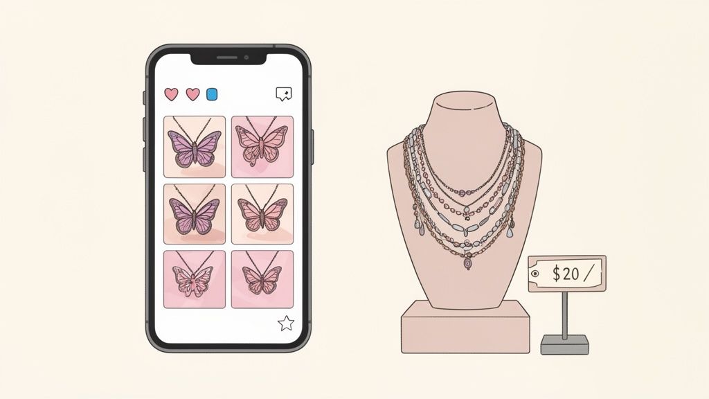 A smartphone app displays various butterfly necklaces, next to a mannequin bust with layered necklaces and a $20 price tag.
