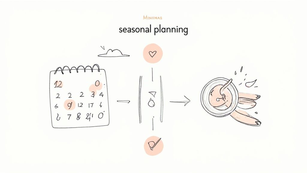 Hand-drawn illustration showing seasonal planning process from calendar to pregnancy timeline with baby illustration