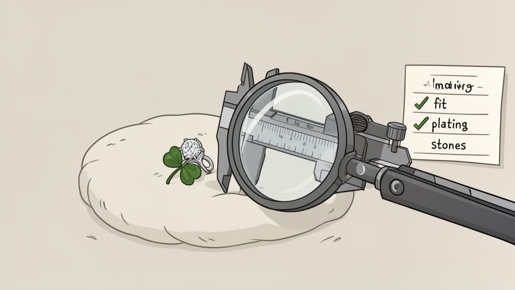 A diamond ring and a three-leaf clover are being measured by a caliper under a magnifying glass, next to a checklist.