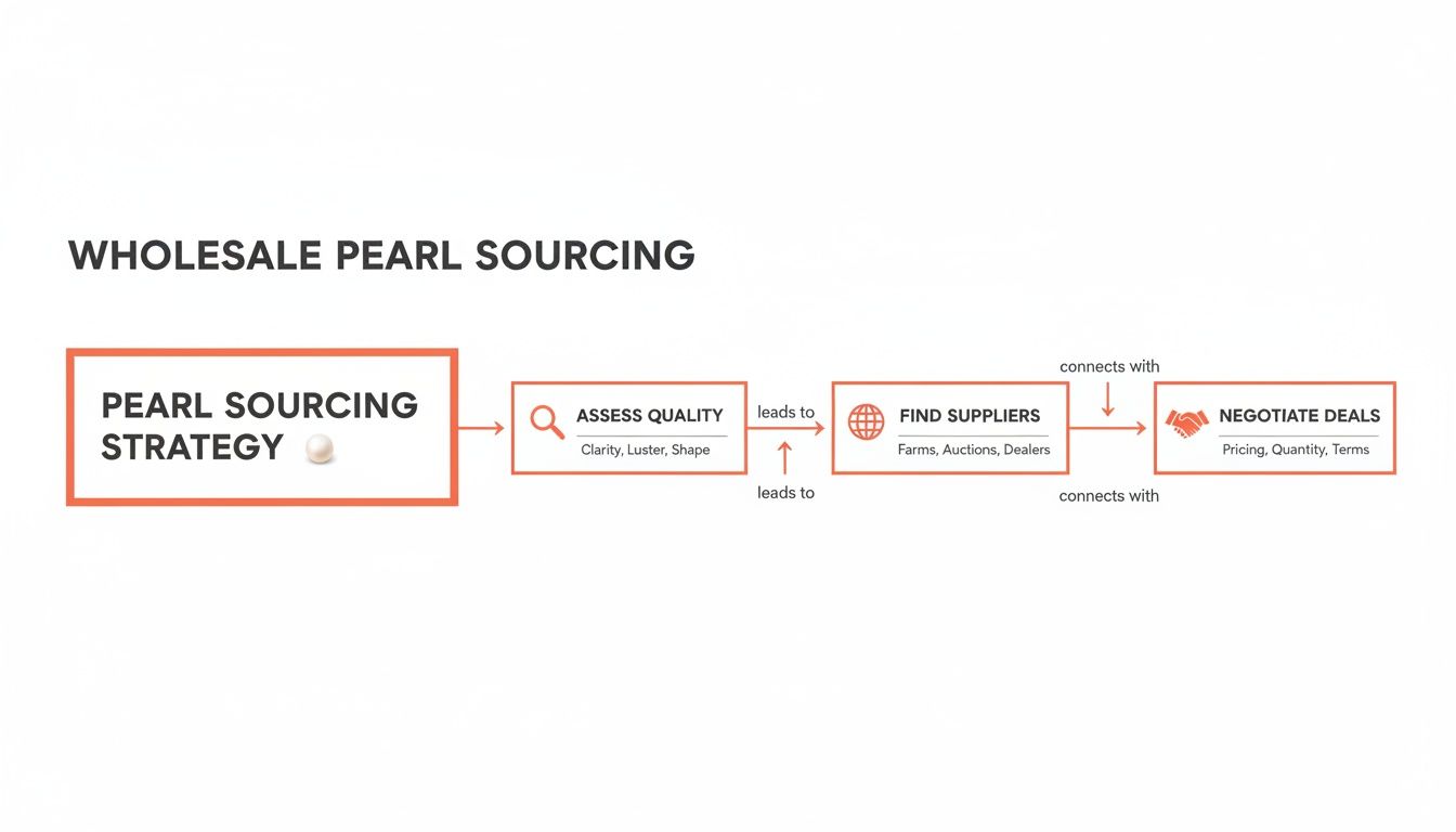 Flowchart illustrating the wholesale pearl sourcing process: strategy, quality assessment, supplier search, and deal negotiation.