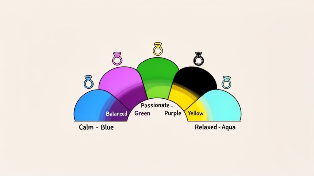 Colorful chart illustrating mood ring colors and their corresponding emotions such as calm, balanced, passionate, and relaxed.