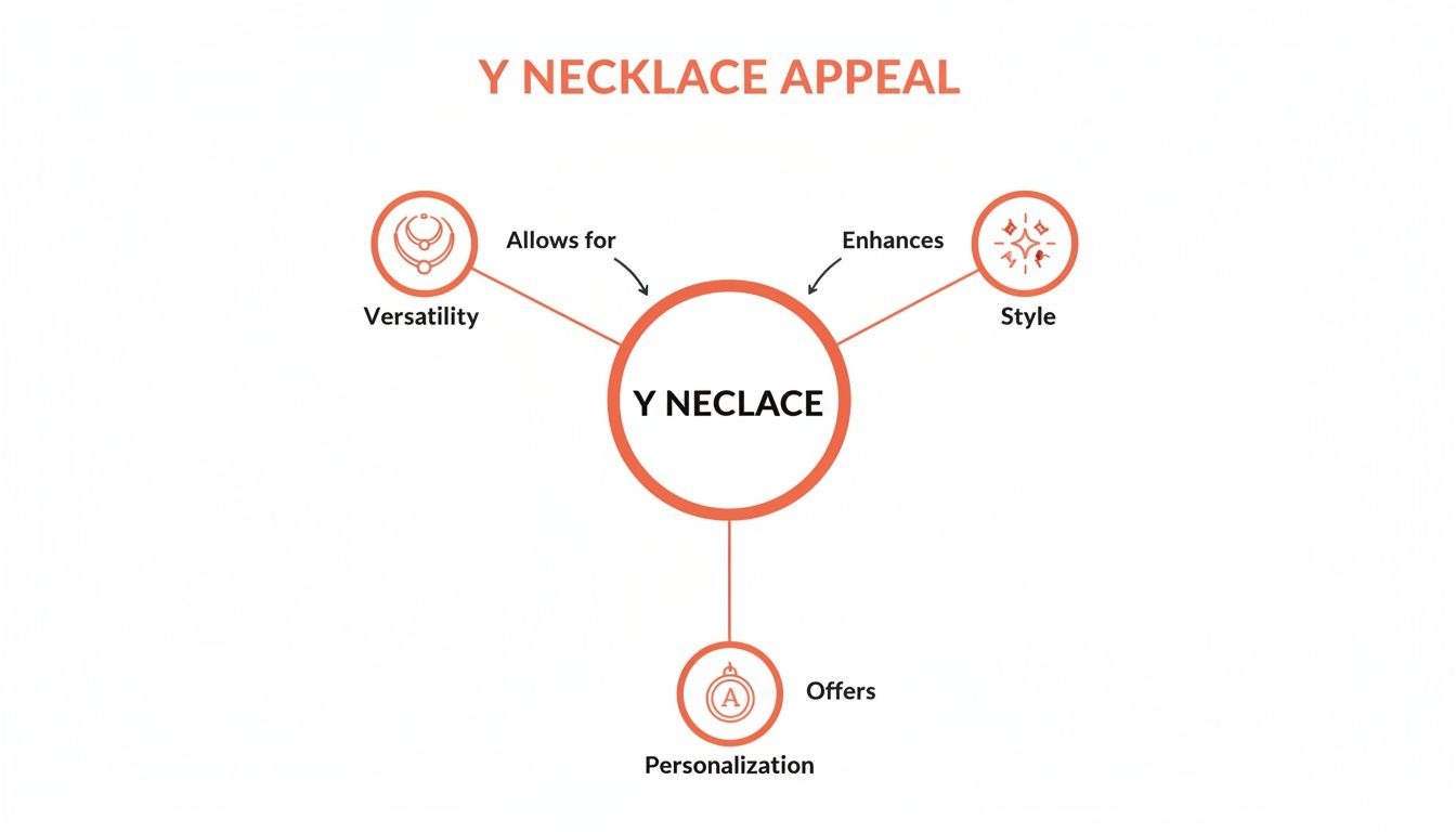 A diagram illustrating the appeal of Y necklaces, highlighting versatility, style, and personalization benefits.