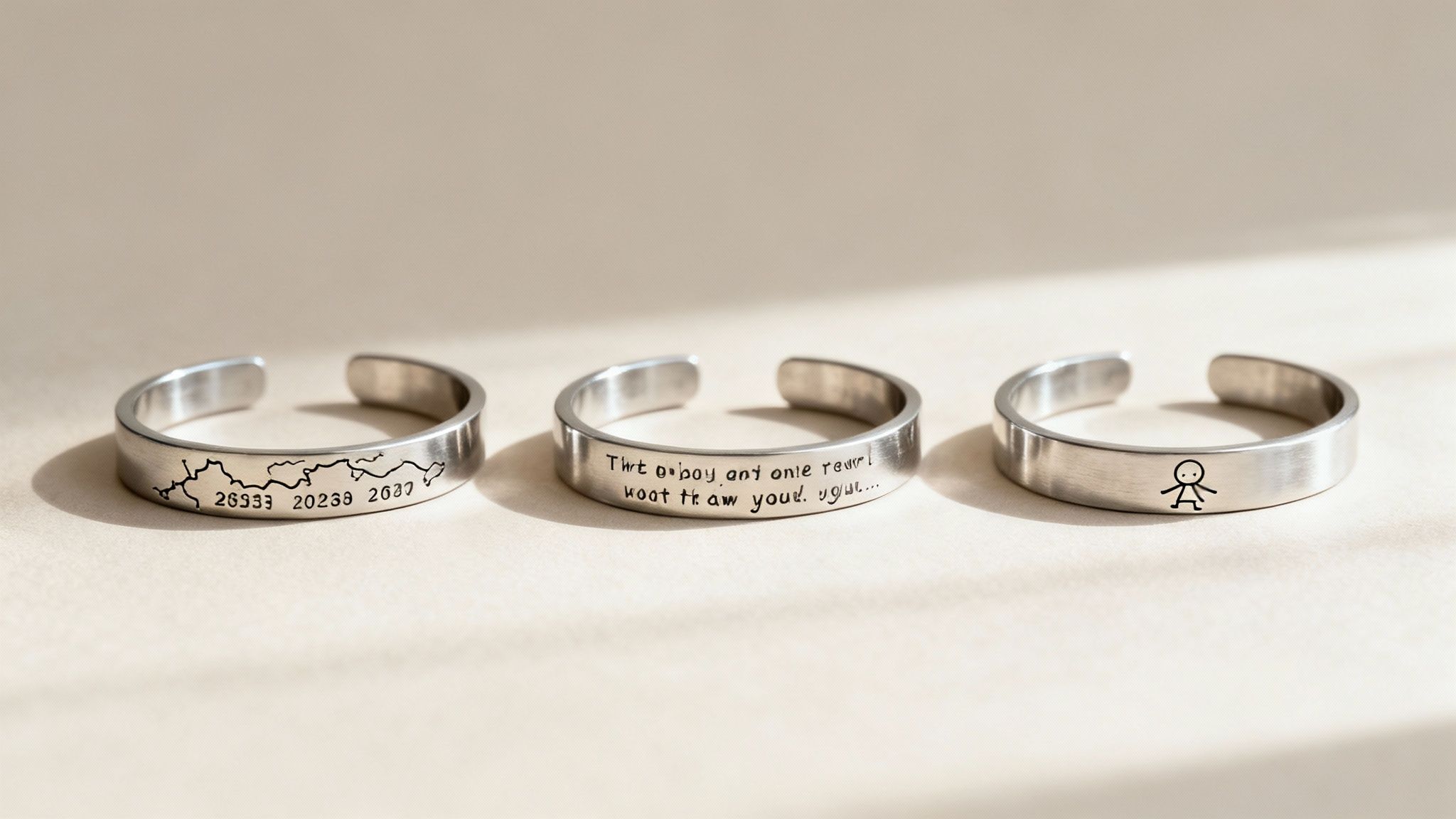A collection of beautifully engraved stainless steel jewelry pieces showcasing different creative ideas.