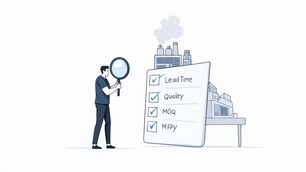 A man inspects a checklist of factory metrics like lead time, quality, MOQ, and MFPY for supply chain optimization.