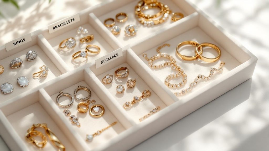 A well-organized jewelry drawer with velvet-lined compartments showing rings and bracelets.