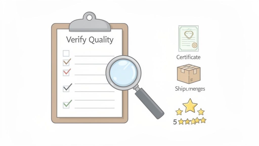 A clipboard with 'Verify Quality' checklist, magnifying glass, certificate, shipping box, and five-star rating.