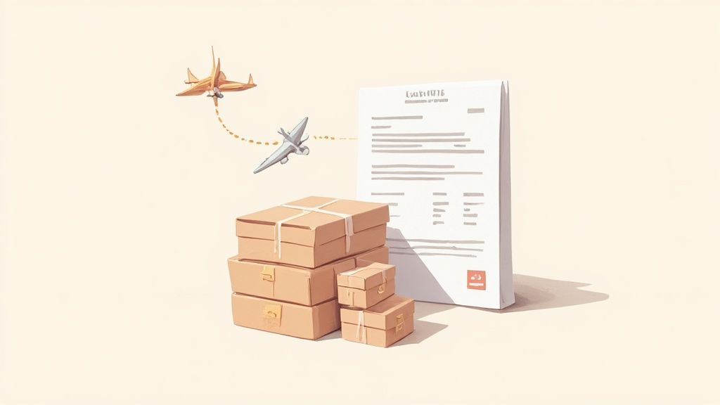 A conceptual illustration of global logistics with packages, flying planes, and official paperwork.