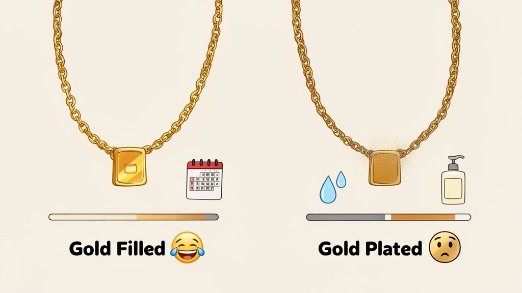 Infographic comparing durable gold filled jewelry with gold plated jewelry that tarnishes from water and chemicals.