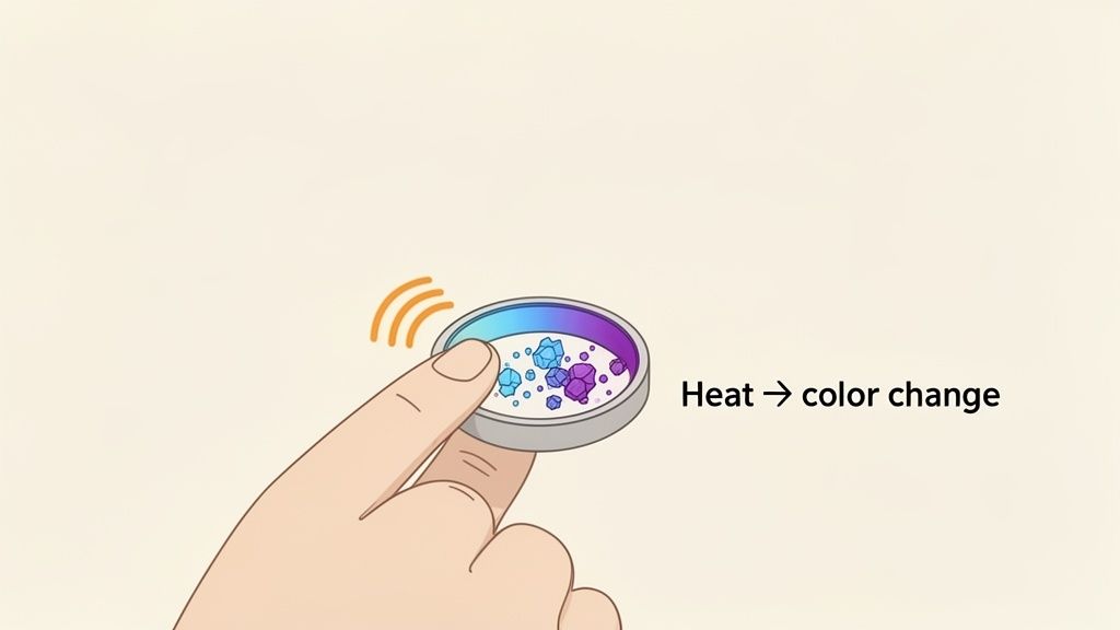 A finger touches a circular device containing blue and purple crystals, demonstrating heat causing a color change.