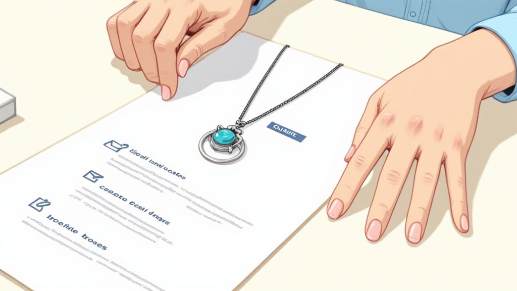 Person examining wholesale costume jewelry necklace with turquoise pendant on product catalog document