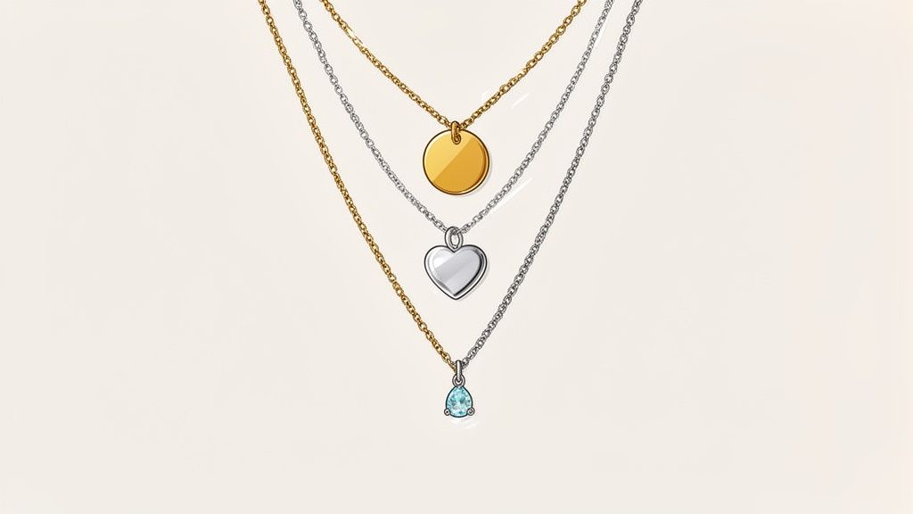 Three layered necklaces feature gold disc, silver heart, and blue gemstone pendants on a light background.
