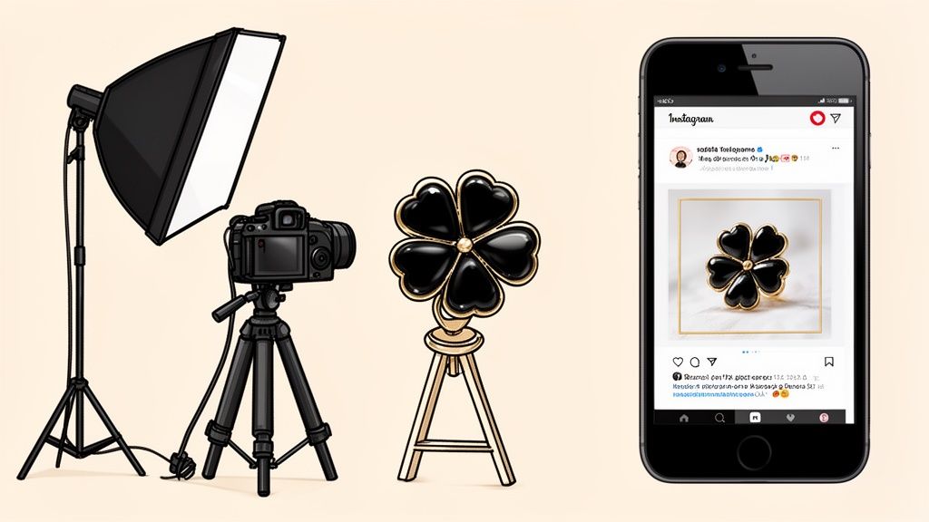 Professional product photography setup with a black clover jewelry item for social media promotion.