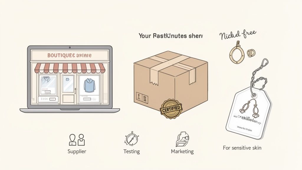 Digital illustration showing an online boutique, certified products, nickel-free items, and sensitive skin focus.