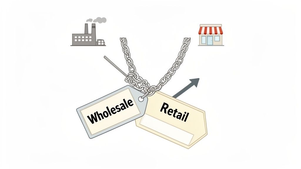 An illustration showing a factory and a retail store connected by a chain, with 'Wholesale' and 'Retail' tags.