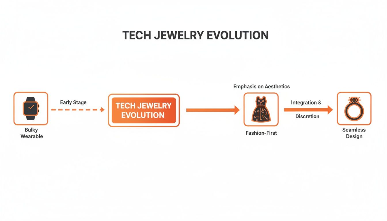 Flowchart illustrating the evolution of tech jewelry from bulky wearables to seamless, fashion-first designs.