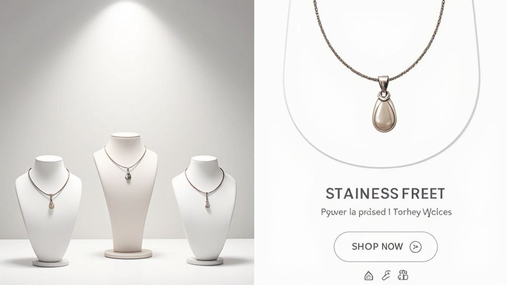 Three white jewelry mannequins display elegant stainless steel necklaces with tear-drop pendants under a spotlight.