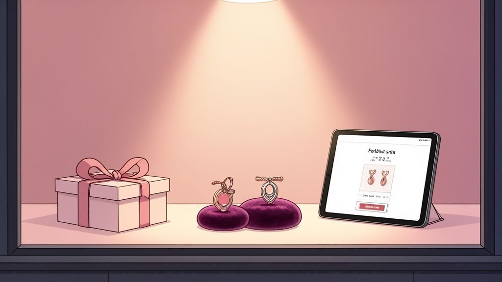 A jewelry store display window with a gift box, two jewelry pieces on velvet stands, and a tablet displaying an online store.
