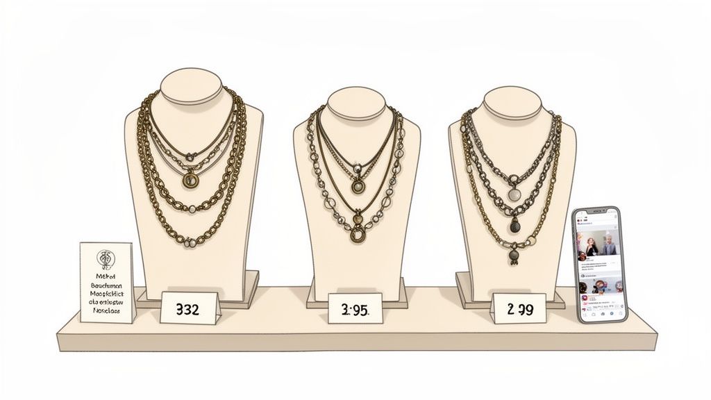 Three multi-layered vintage necklaces displayed on mannequins with price tags and a smartphone.