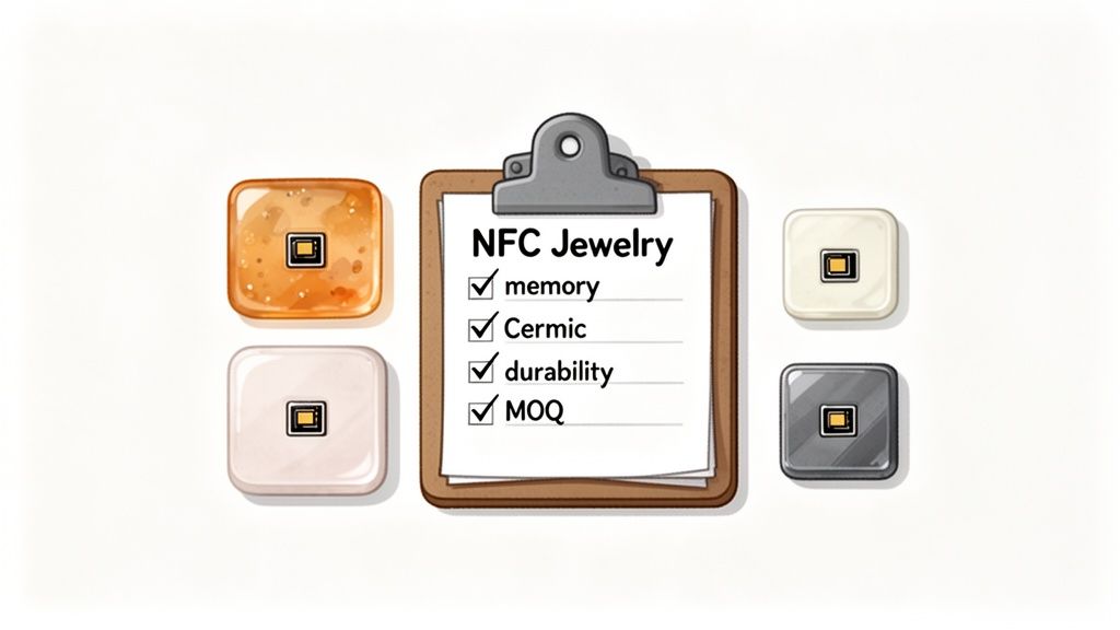 A clipboard listing features like memory, ceramic, durability, and MOQ for NFC jewelry designs.
