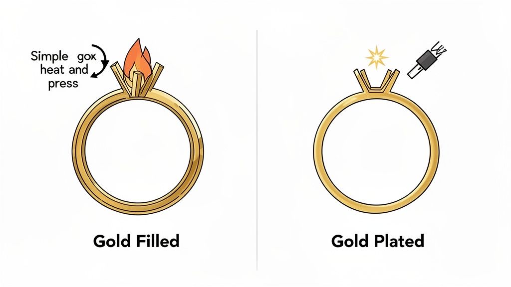 Illustration showing the difference between gold filled (heat and pressure) and gold plated (electroplated) jewelry rings.