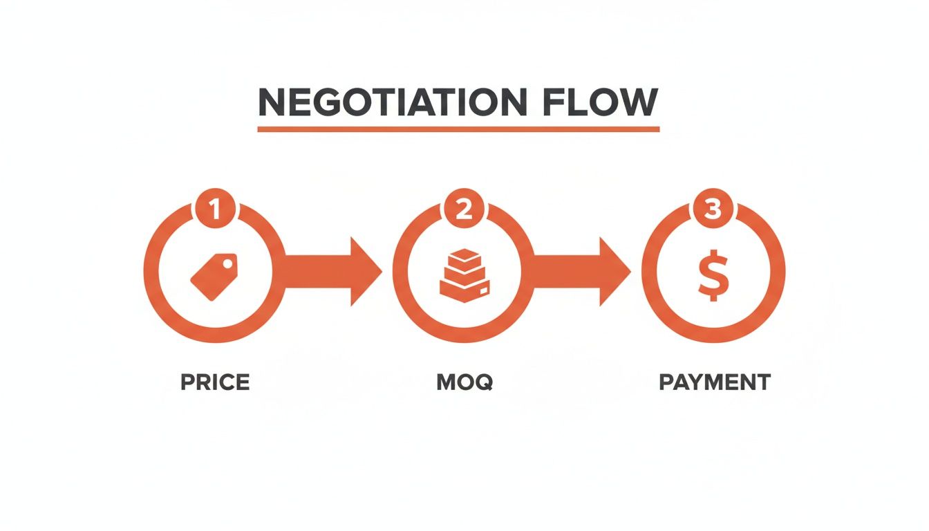 Negotiation flow infographic detailing the essential steps: price, MOQ, and payment terms.
