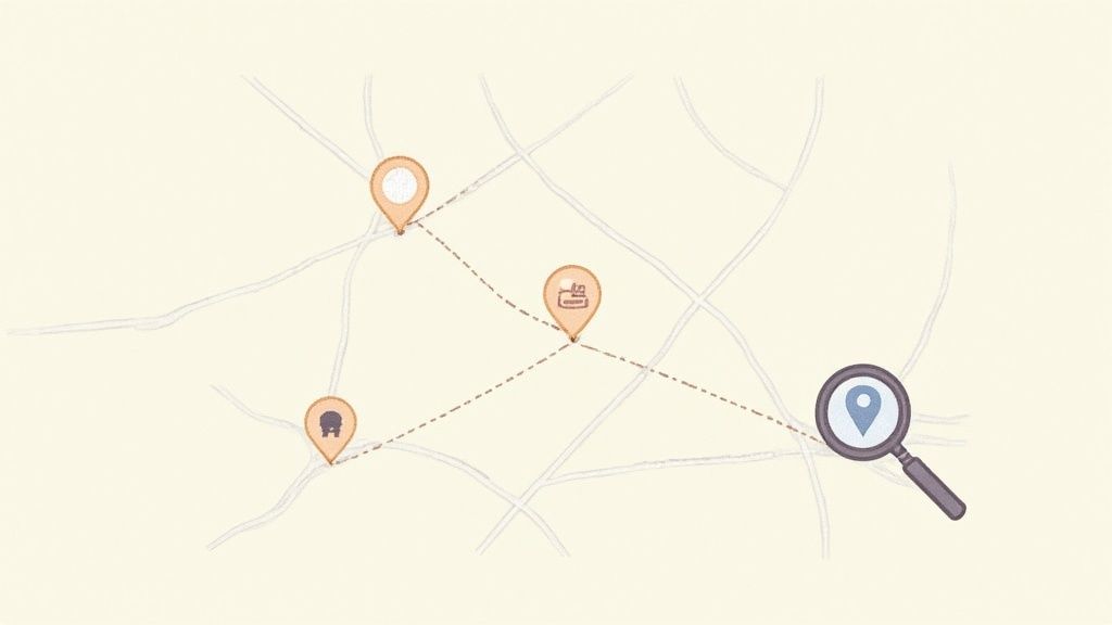A map illustrating a route connecting three different location pins, with a magnifying glass discovering a fourth spot.