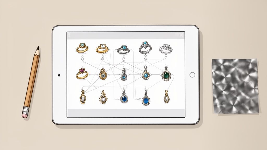 A tablet displays a jewelry design diagram with rings and pendants, next to a pencil and textured metal sheet.