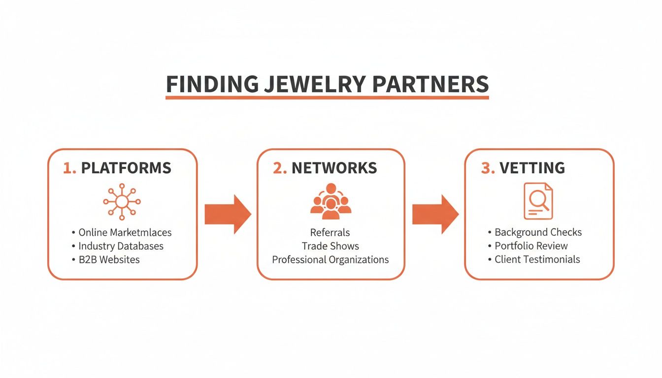Infographic showing three steps to finding and vetting jewelry partners: platforms, networks, and vetting.
