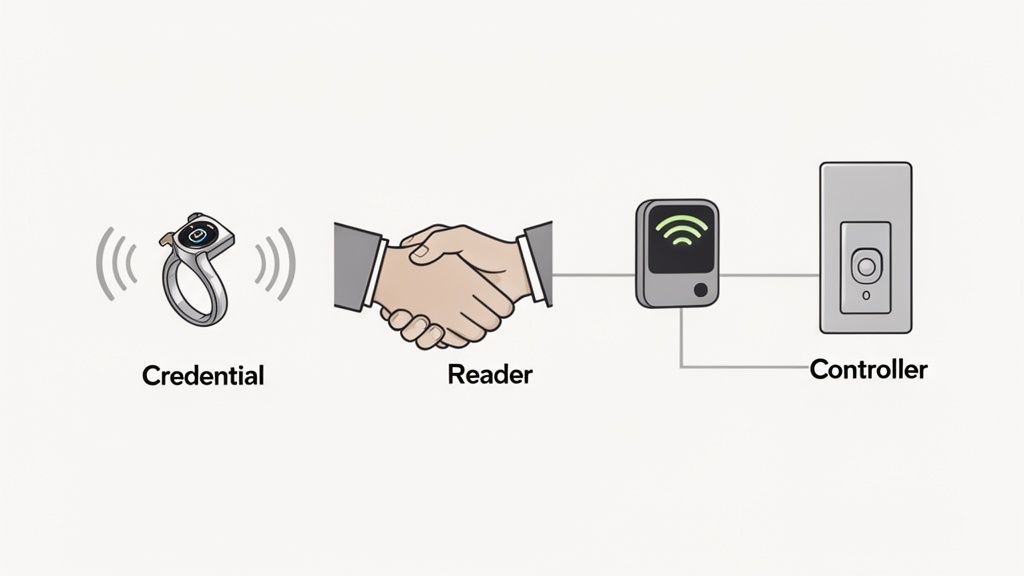 Diagram showing a smart ring credential wirelessly connecting to an access reader and controller.