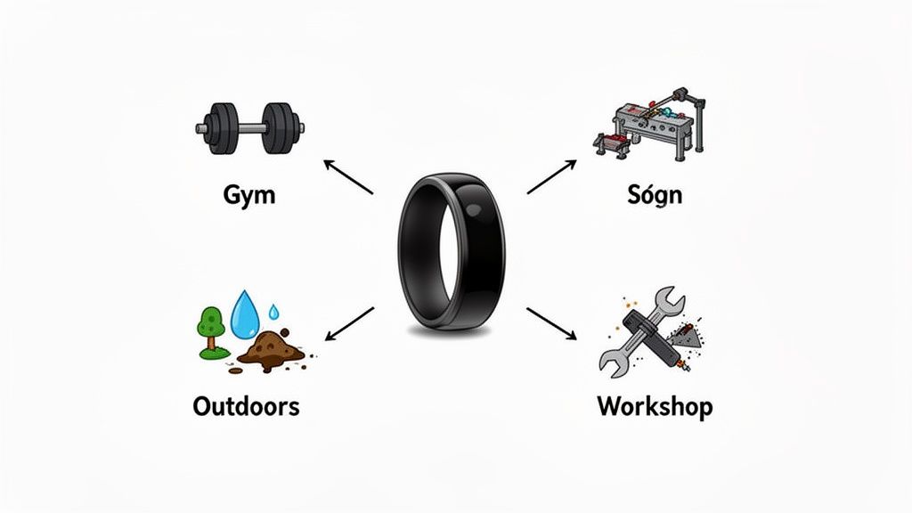 A black smart ring central to icons and labels: Gym, Sógn, Outdoors, Workshop, highlighting versatility.