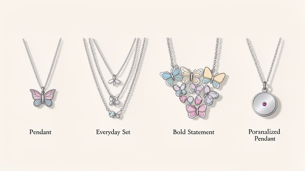 Four unique necklaces are displayed, including a butterfly pendant, a layered set, a bold statement design, and a personalized circular pendant.