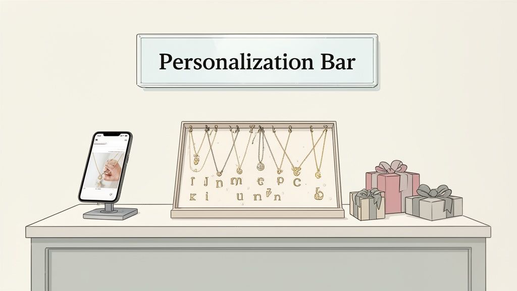A personalization bar featuring initial necklaces, a smartphone, and several gift boxes.