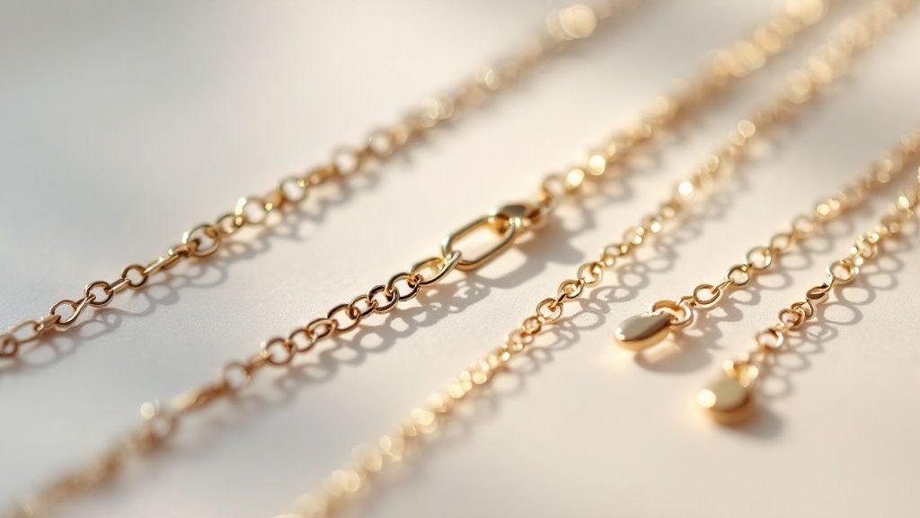 Jewelry chains displayed on various busts and holders, showcasing a wholesale supplier's collection.