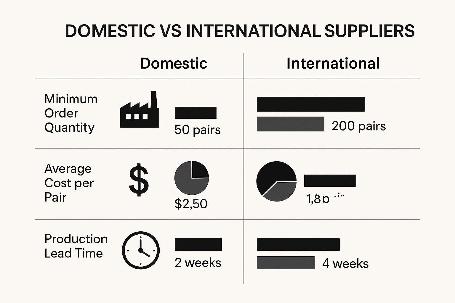 Infographic comparing domestic vs international earring supply wholesale suppliers on MOQ, cost, and lead time.