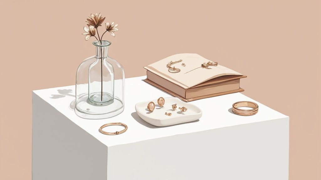 A minimalist still life of a vase with dried flowers, books with gold jewelry, and a small dish.