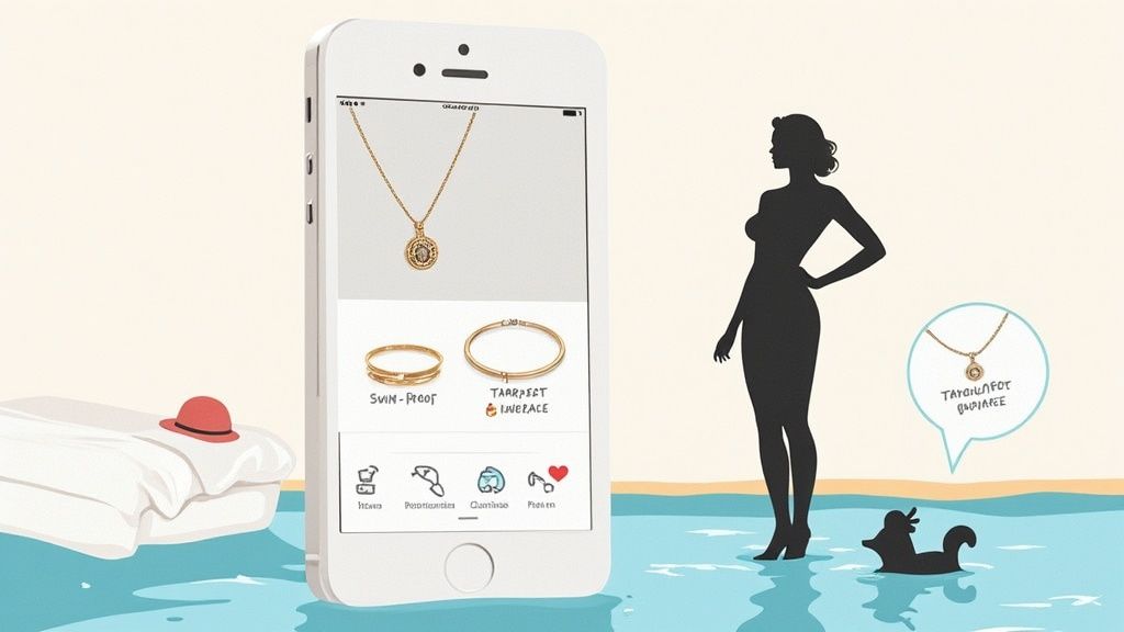 A smartphone displays a waterproof necklace and bracelets, with a woman and dog in a water setting.