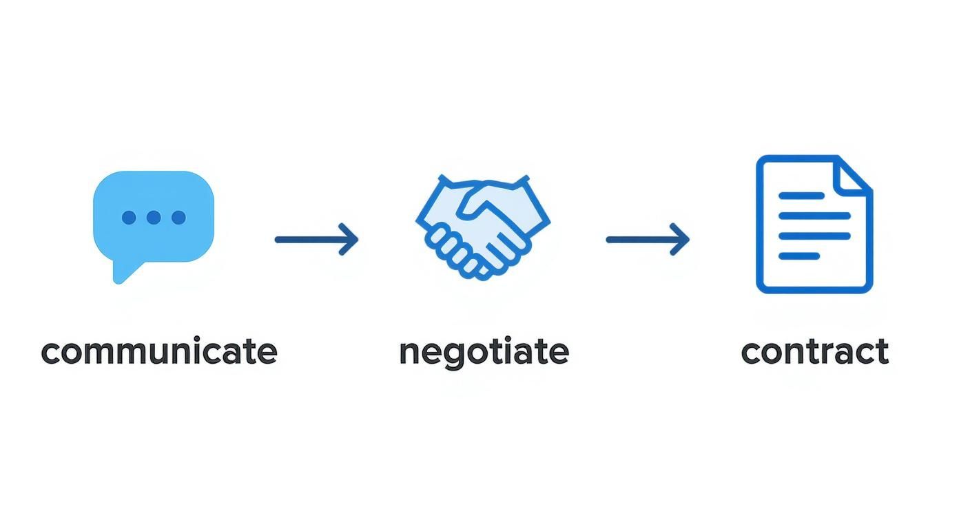 Infographic showing the three-step process of communication, negotiation, and contract for a supplier agreement.
