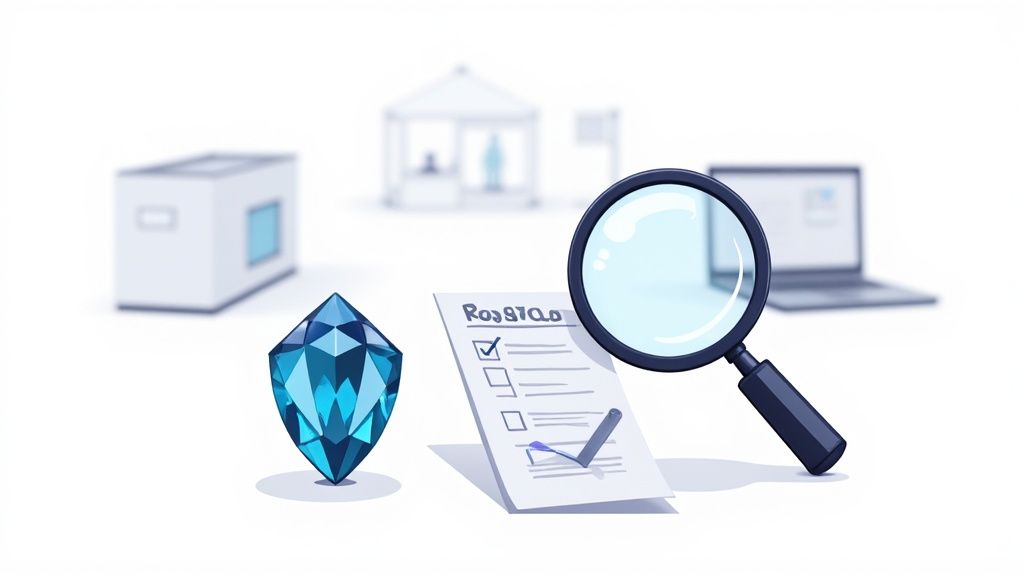 Magnifying glass examining checklist document with blue gemstone and supply chain icons in background