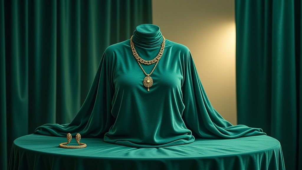 Elegant gold necklaces draped on a teal fabric display, with a matching snake bracelet on a table.